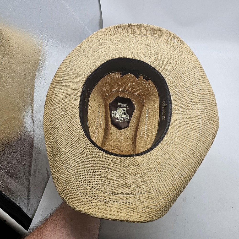 Resistol Stagecoach Hat Cowboy Fitted Mens 7 5/8 Beige Straw Feather Western - Picture 7 of 12